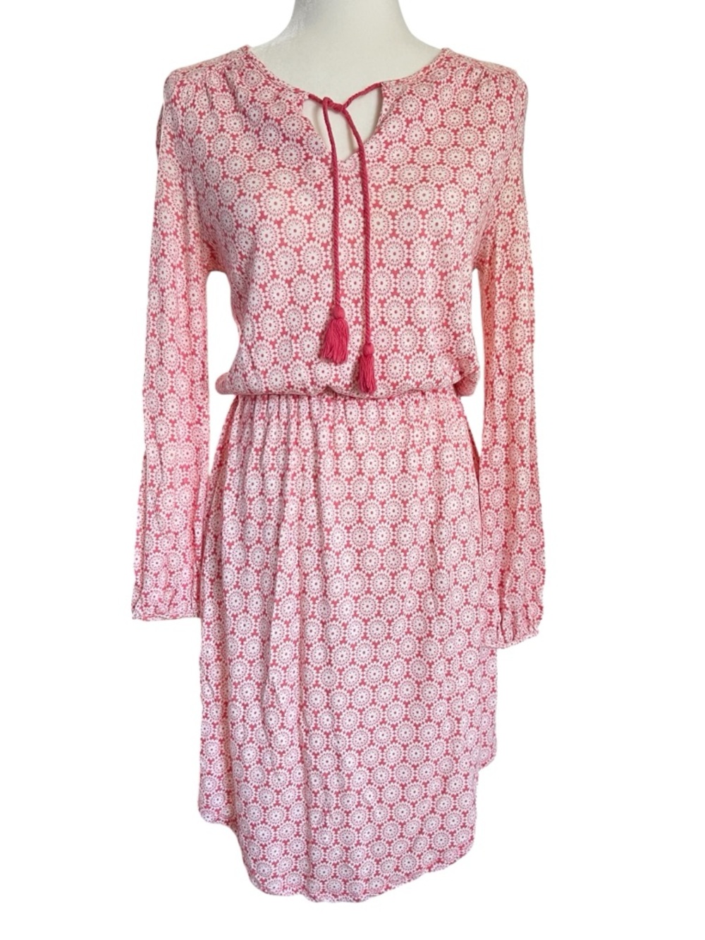Boden Pink and White Lightweight Tassel-Tie Long Sleeve Dress